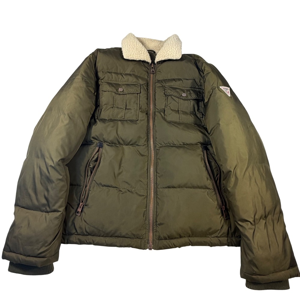 Guess Mens Olive Green Down Puffer Jacket Sherpa Collar Size M